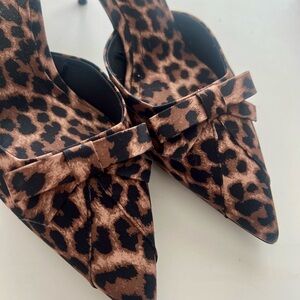 Leopard Print Pointed Toe Bow Flat - Brown